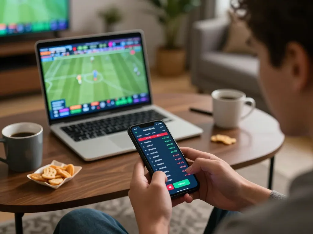 Engaged gambler checking ty le keo nha cai on smartphone while enjoying sports in a cozy living room.