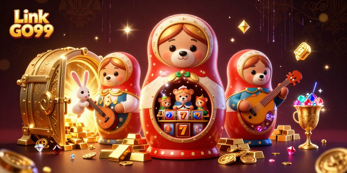 Experience winning opportunities with Link GO99's vibrant casino scene illustrated with bears and treasures.