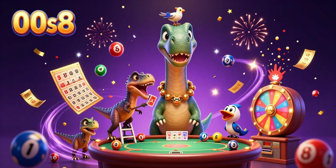 Experience thrilling gameplay at 00s8 with vibrant lottery balls, a charming dinosaur, and energetic game elements.