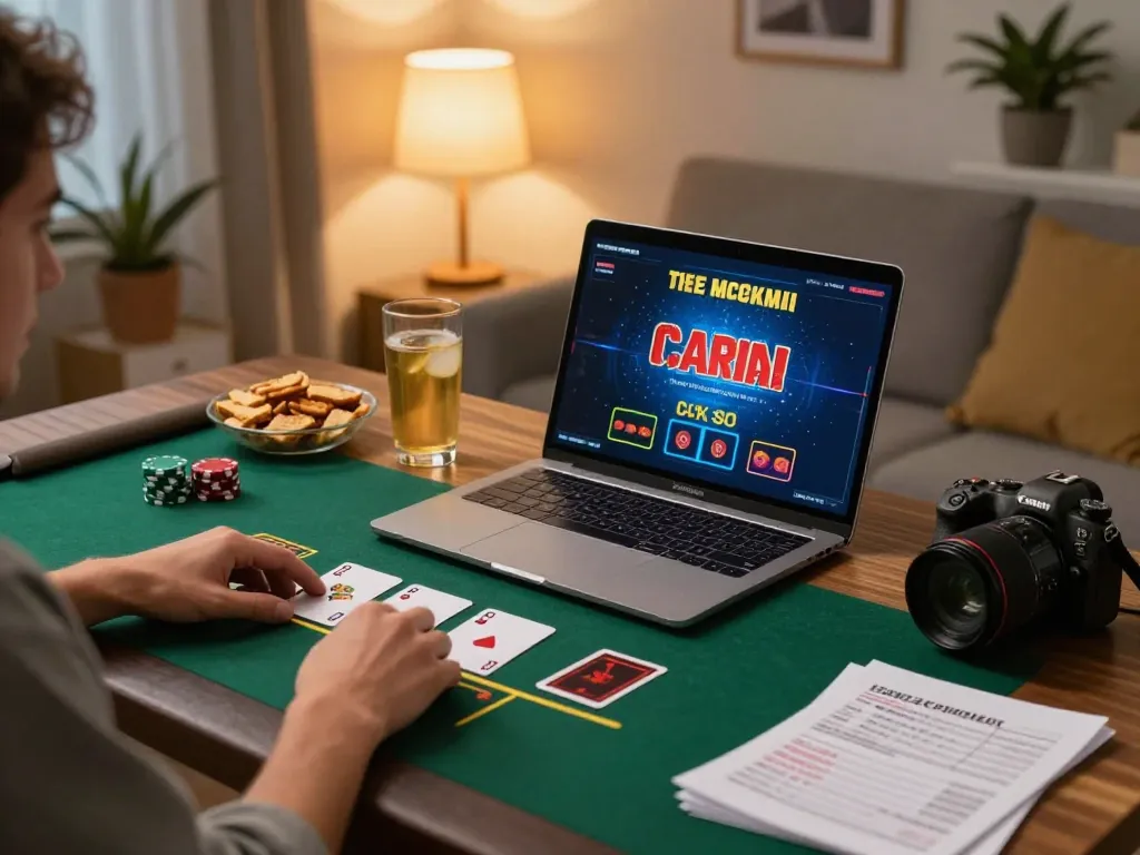 Engaging in a strategic online blackjack game at home using Red88 on a laptop.