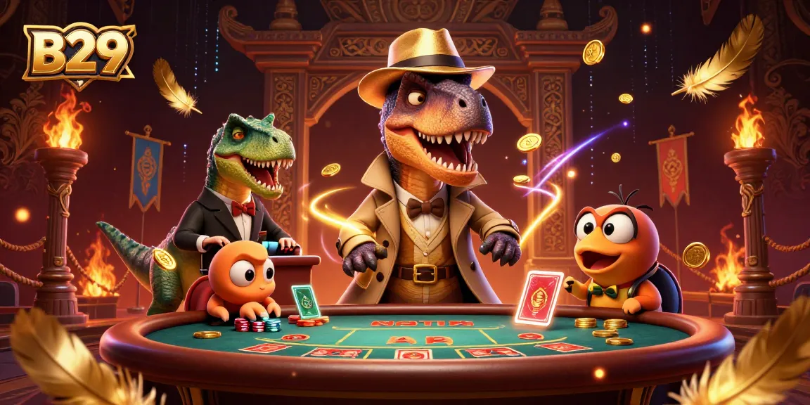 B29 gamblers enjoy a thrilling blackjack table surrounded by vibrant casino elements and action.