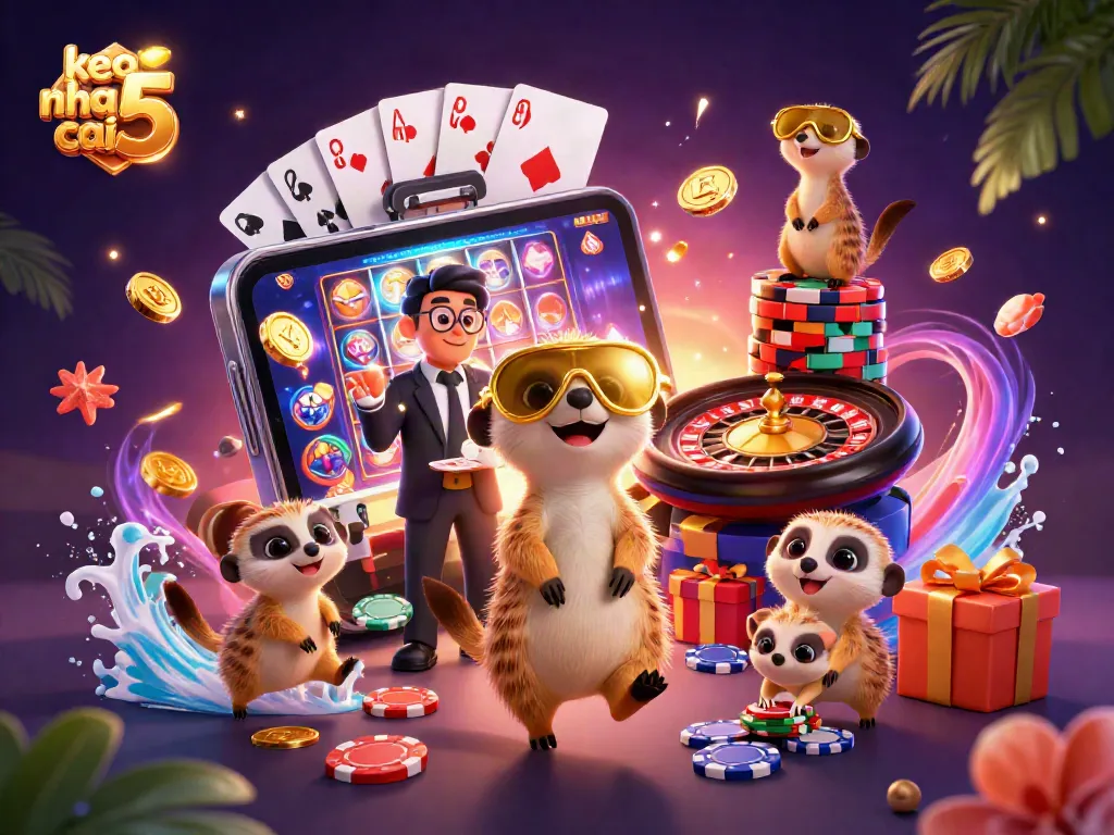 Experience keo nha cai 5 in a vibrant casino with meerkats, cards, and dynamic game elements.