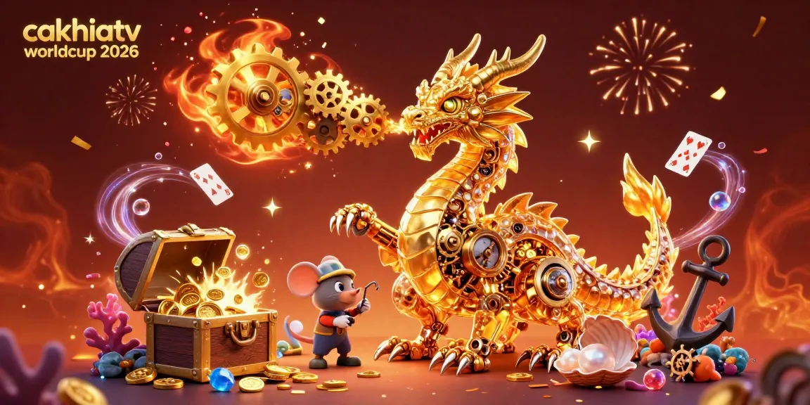 CakhiaTV trực tiếp Worldcup 2026 showcases a vibrant 3D dragon scene with gem-filled chests and animated cards, emphasizing winning strategies in gaming.
