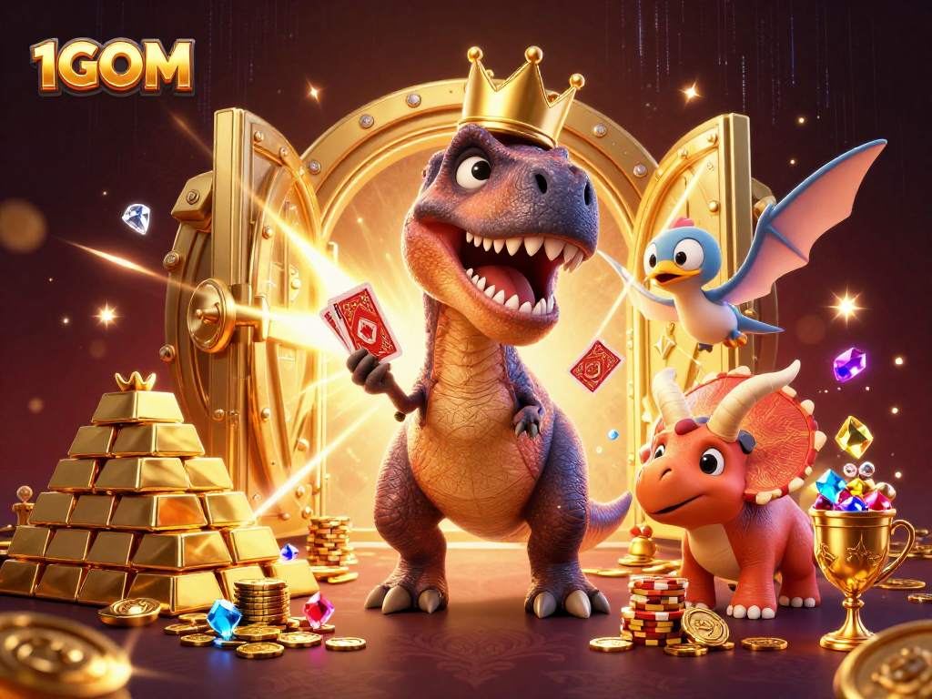 Experience thrilling gameplay with 1GOM as playful dinosaurs stack chips in a vibrant casino.
