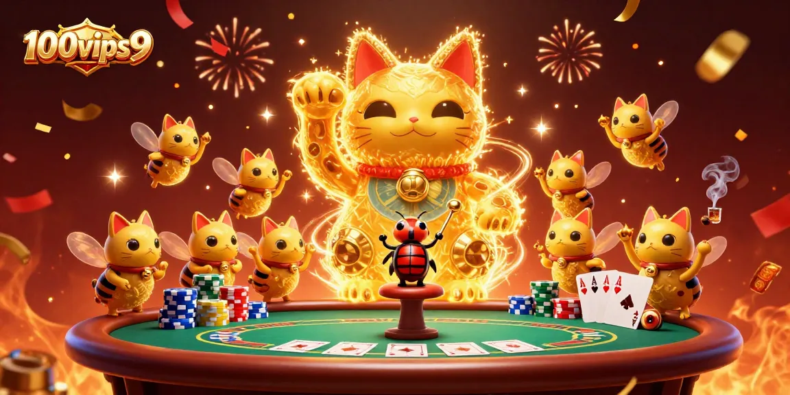 Engage with 100vips9's vibrant casino experience featuring a lucky cat amidst poker exhilaration.