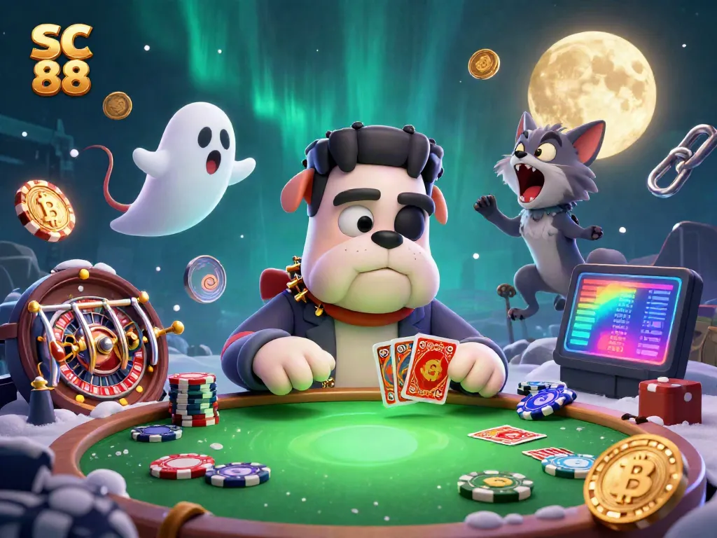 Engage in thrilling card games at SC 88 with Frankenstein bulldog dealer and neon coins.