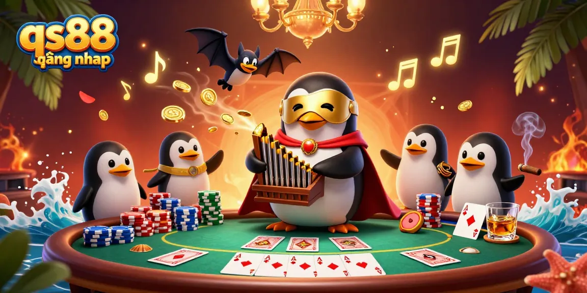 Experience the excitement of qs88 đang nhap with a dynamic casino scene featuring golden coins, poker chips, and a whimsical penguin.