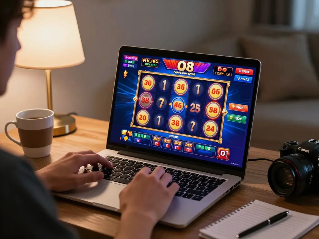 Player spinning slot reels on the O8 online casino interface in a cozy home setting.