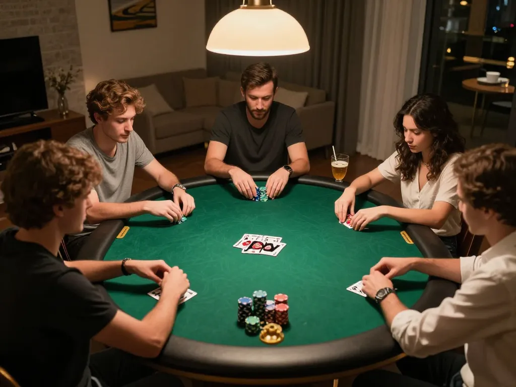 Players engaging in a home poker game, highlighting strategic excitement with RR88 gameplay.