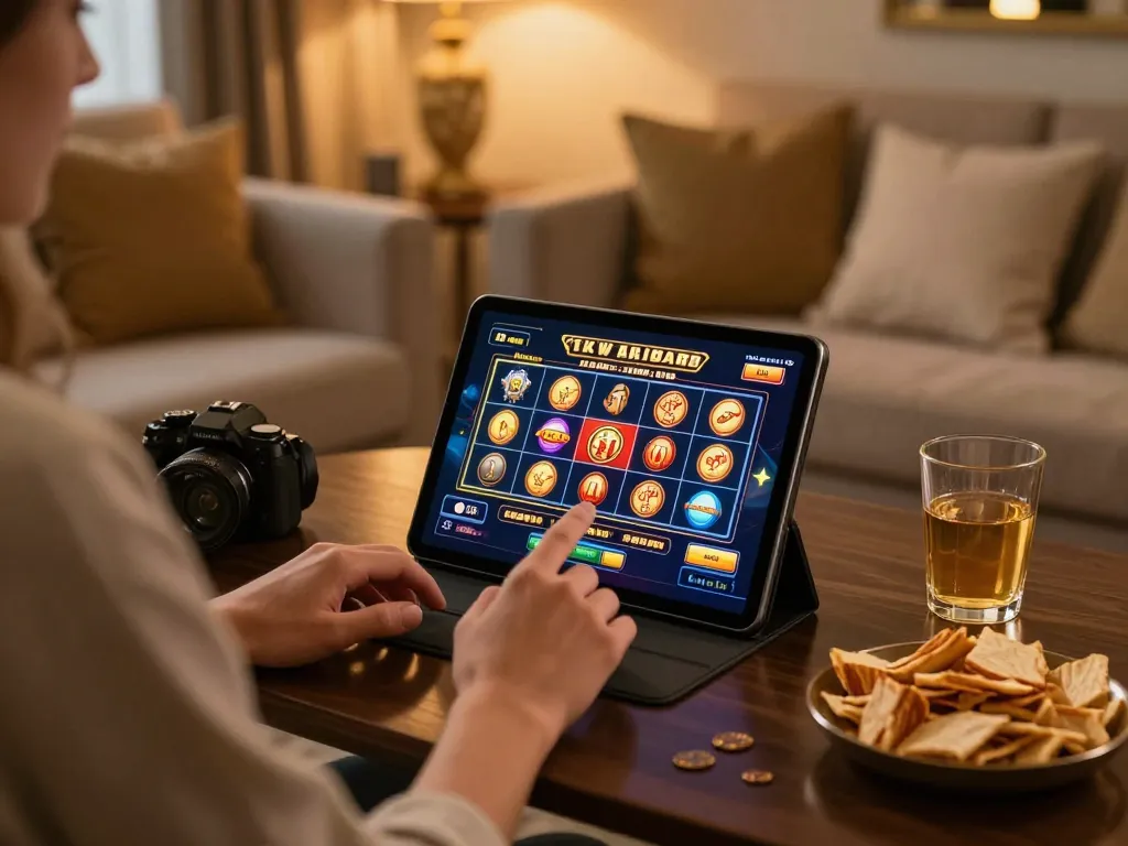 Xocdia88 player engaging with exciting online slots in a cozy home setup, promoting responsible gambling