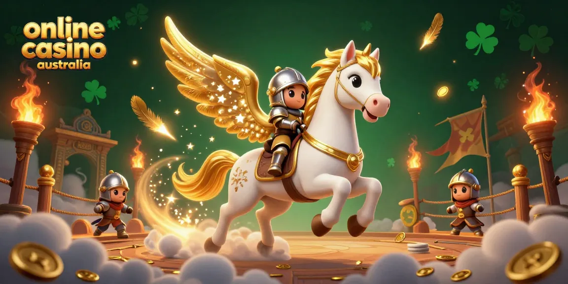 Experience the thrill of online casino Australia with a majestic scene of a golden-winged horse and knight.