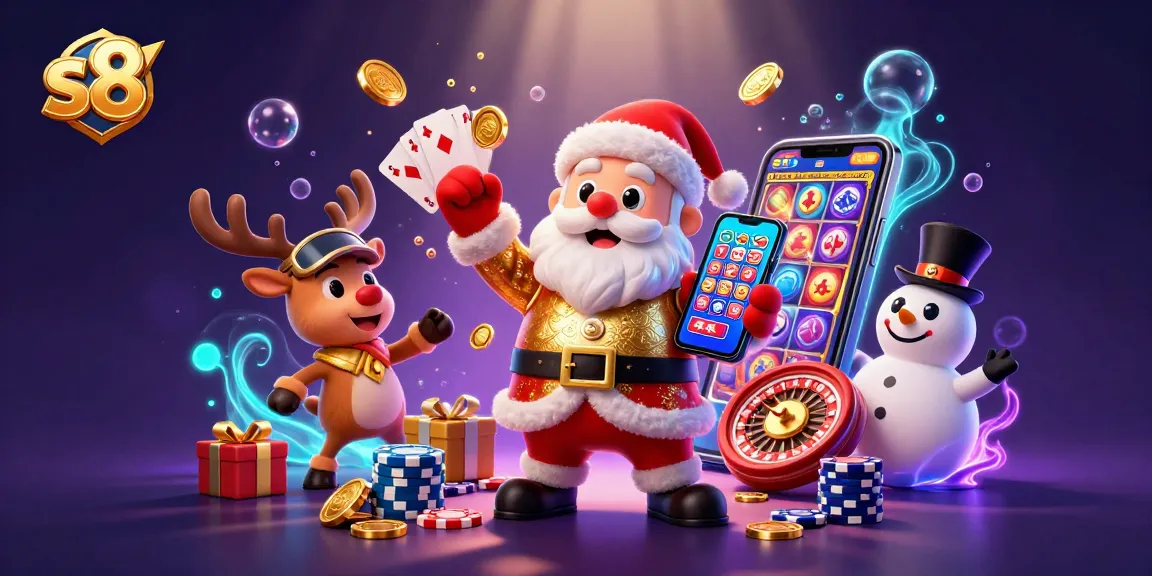 Spin jackpots with s8 in this vibrant casino scene featuring Santa, reindeer, and snowman!