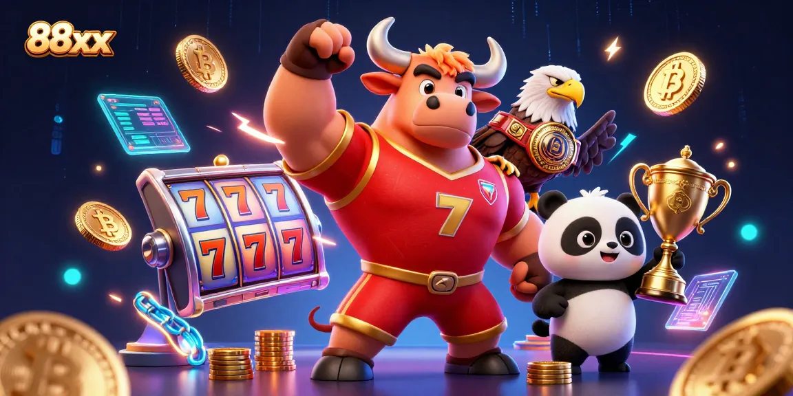 Spin the reels with 88xx as a bull mascot and friends celebrate on a vibrant casino backdrop.