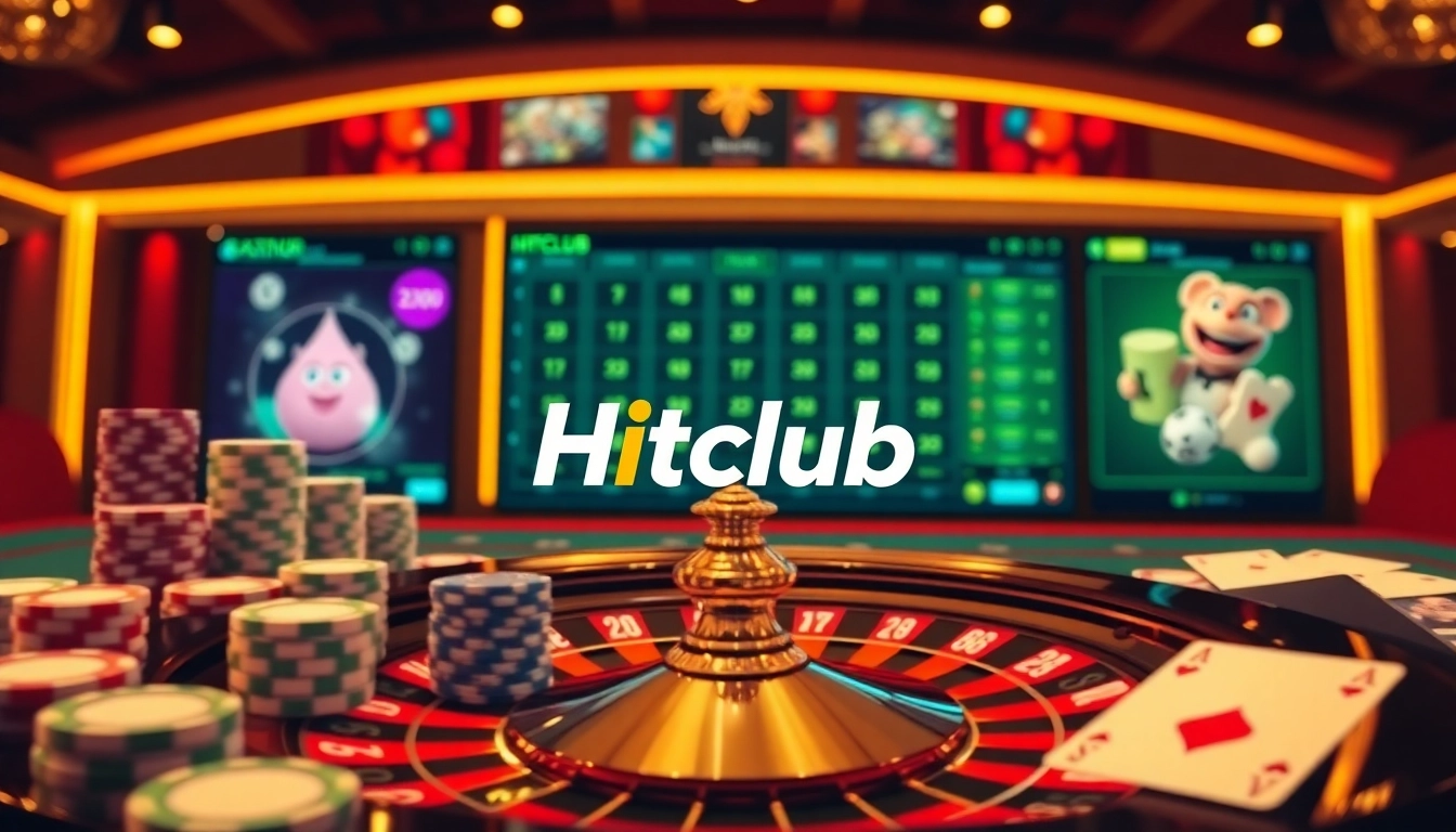 Hitclub casino scene showcasing vibrant roulette wheel, poker chips, and winning cards.
