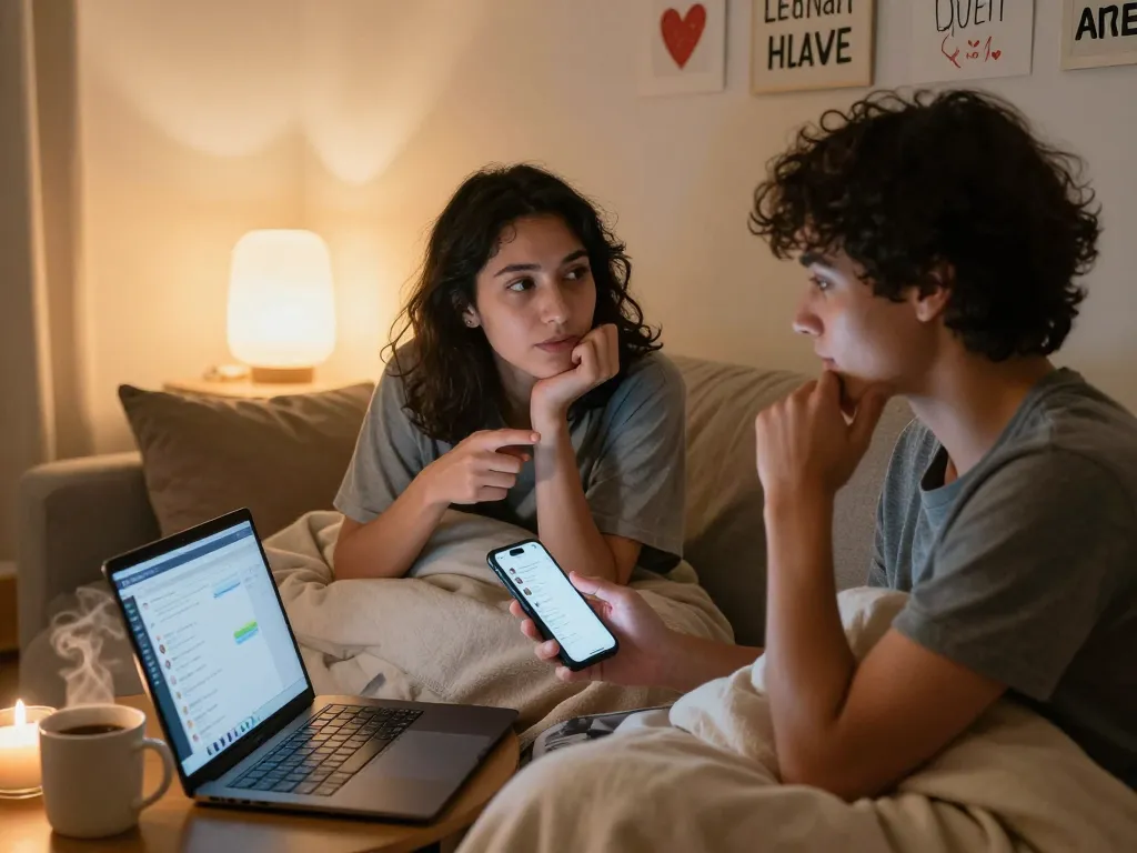 Engaging in sex chat, two individuals connect in a cozy setting with devices and warm lighting.