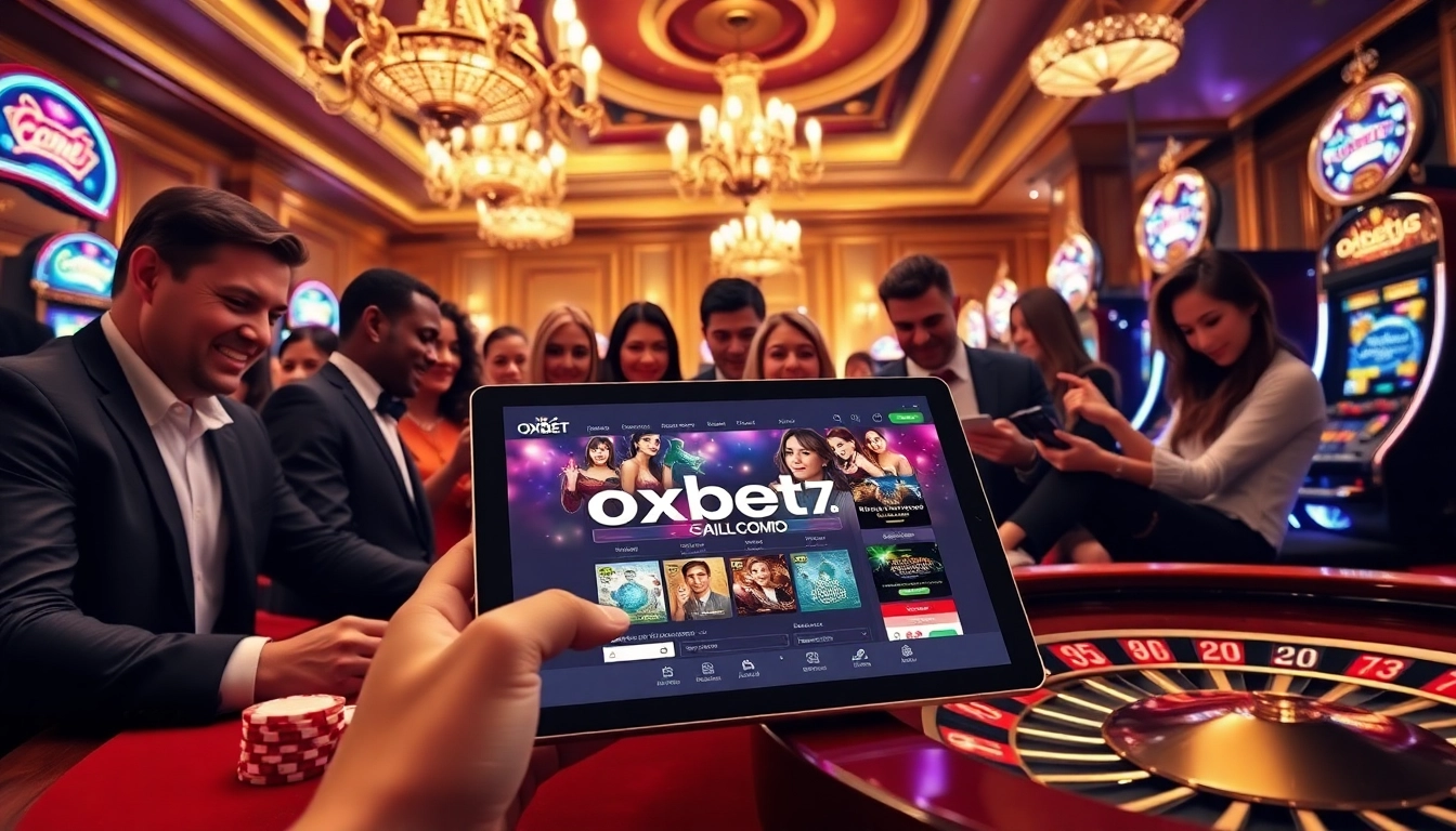 Experience the excitement of gaming at oxbet7.com with lively casino visuals featuring poker chips and a roulette wheel.