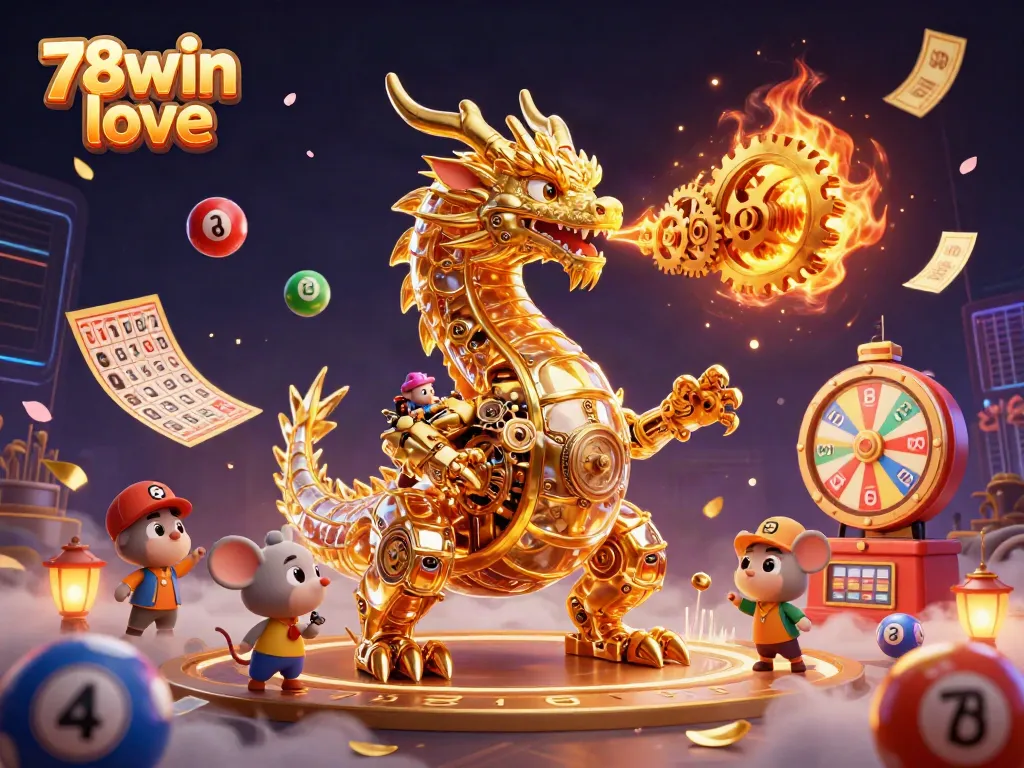Experience 78win love with vibrant lottery balls and a dynamic golden dragon in this thrilling illustration.