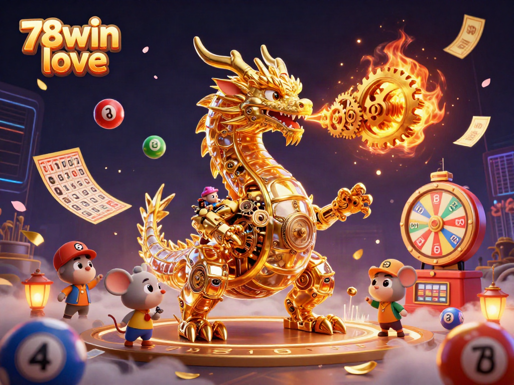 Experience 78win love with vibrant lottery balls and a dynamic golden dragon in this thrilling illustration.