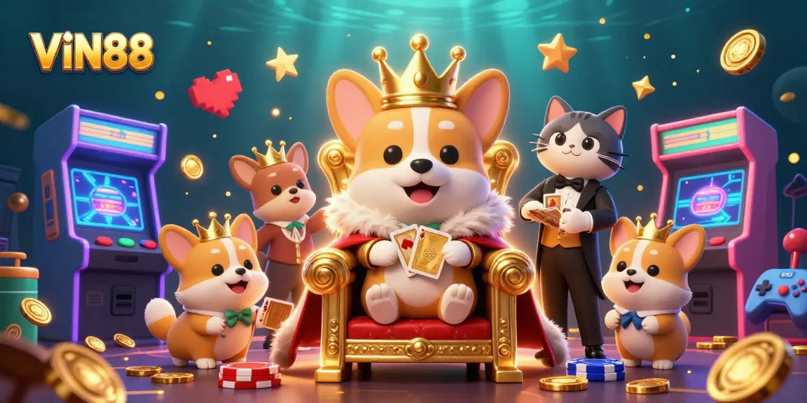 Join the royal fun at VIN88, where corgis and games come alive in a vibrant casino setting!