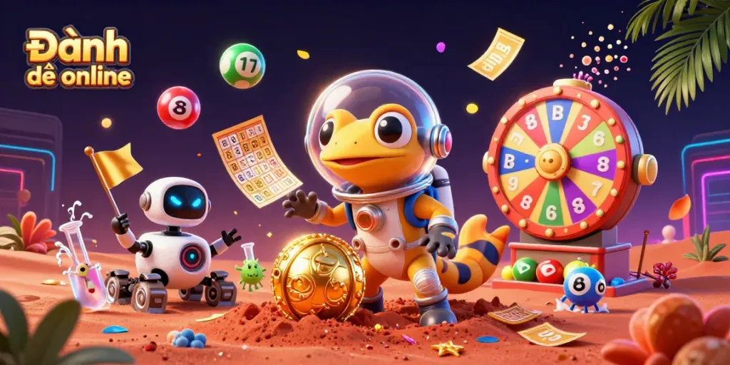 Play Đánh đề online with excitement, discover a vibrant Martian casino scene filled with lottery elements.