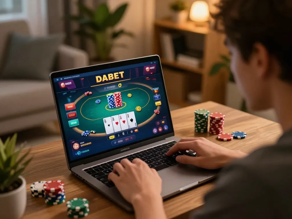 Engaging gameplay at home with Link nhà cái Dabet on screen, highlighting online casino strategies.