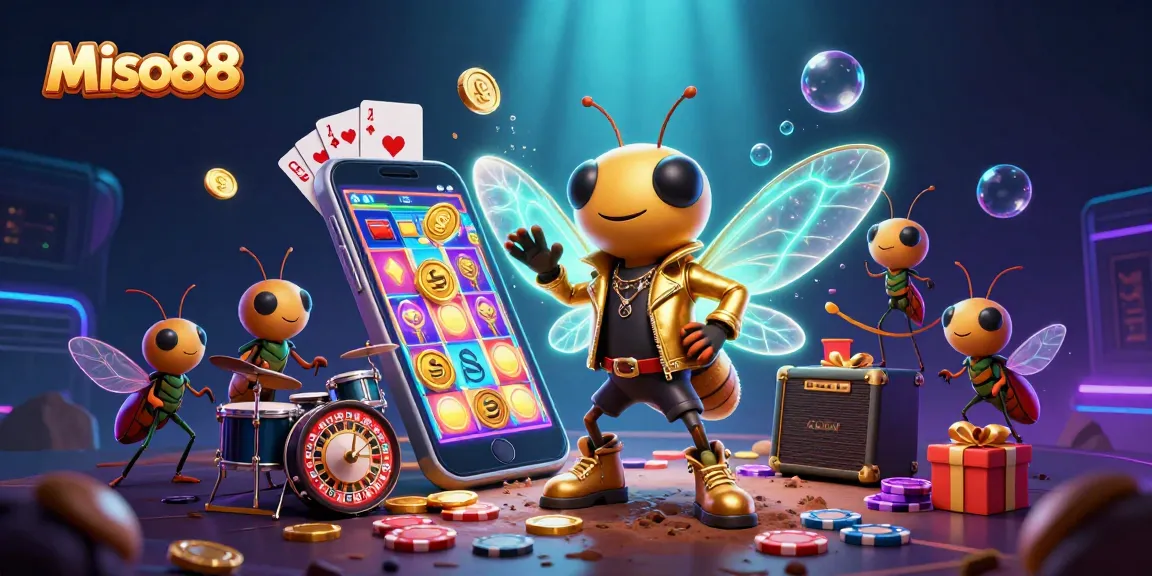 Miso88 engages players with a vibrant scene featuring a cicada rock star and casino elements in an exciting 3D illustration.