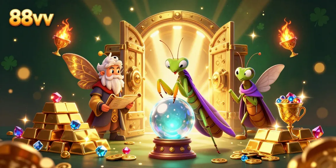 Engage in thrilling 88vv gambling with a vibrant 3D cartoon illustration showcasing fortune tellers and treasures.