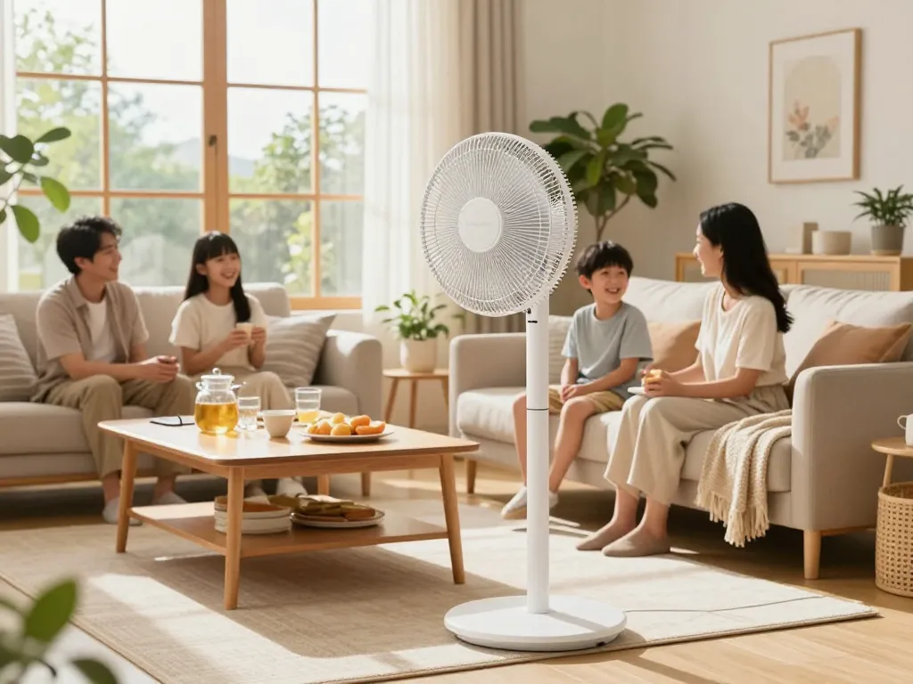Een krachtige staande ventilator brengt verfrissende luchtstroom naar een gezellige woonkamer tijdens een familiebijeenkomst.