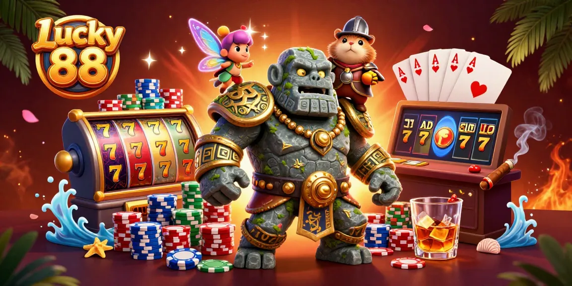 Play Lucky 88 slot with a magical golem and fairy in a vibrant casino scene.