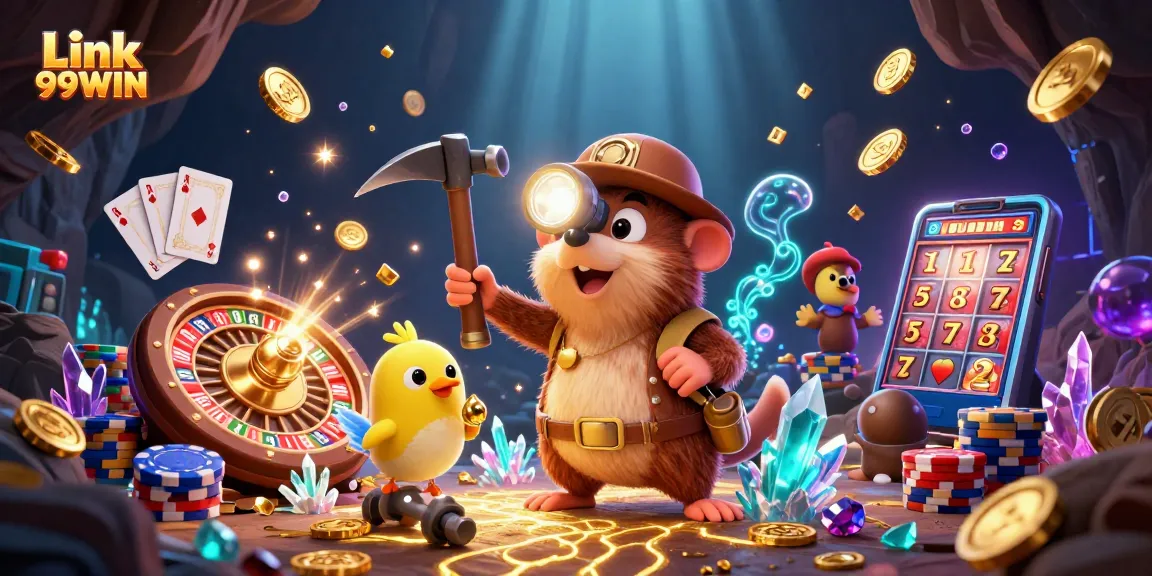 Engage in thrilling adventures with Link 99WIN, featuring vibrant casino elements and dynamic characters.