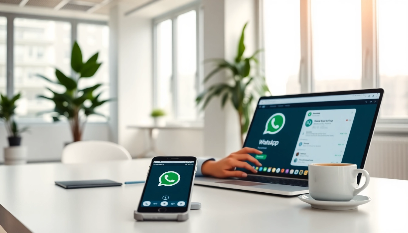 在明亮的办公室环境中,使用笔记本电脑体验 whatsapp网页版在线登录。