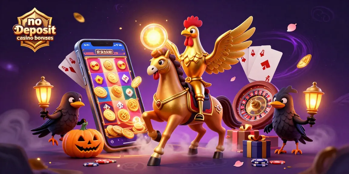 No deposit casino bonuses illustration showcasing a golden rooster and spectral horse with gaming elements.