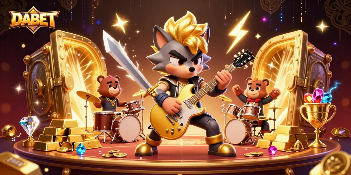 DABET casino experience with a rock star wolf and drummer bear on a vibrant stage