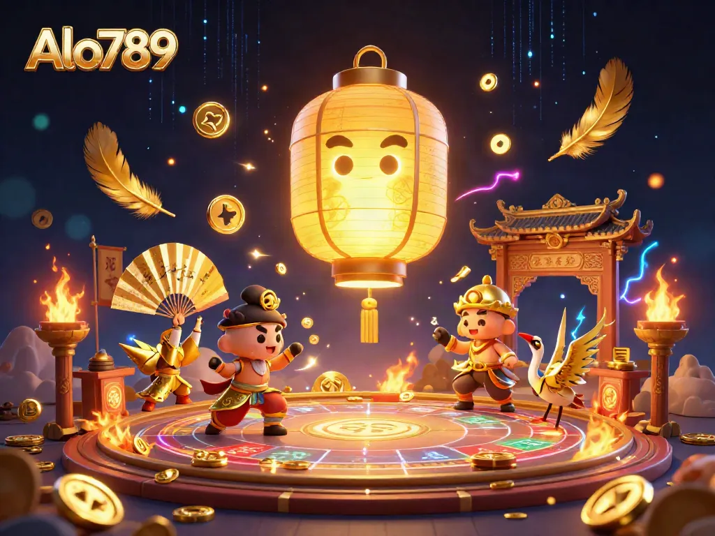Alo789 entices players with thrilling fighting arena visuals and festive elements in this vibrant casino illustration.