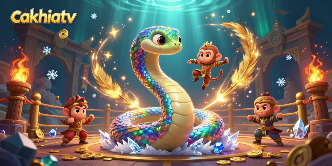 Cakhiatv showcases a vibrant scene with a rainbow serpent and monkey king in an immersive gambling arena.