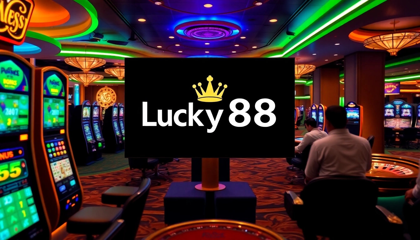 Engaging scene of Lucky88 online casino showcasing vibrant slot machines and poker tables.
