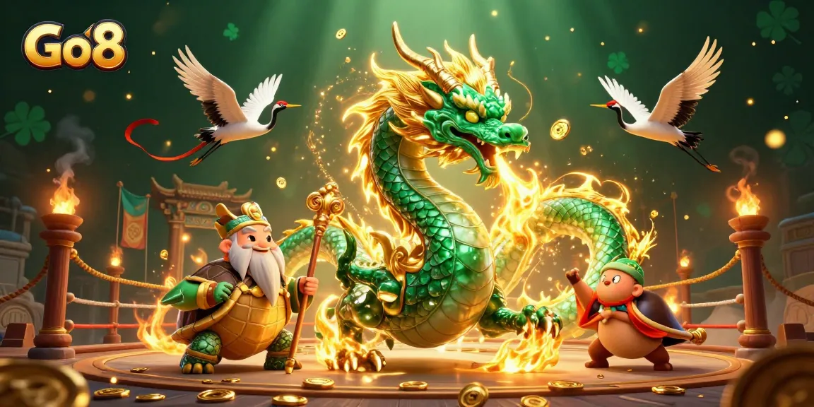 Experience the thrill of Go8 with a vibrant 3D scene featuring a jade dragon, a turtle sage, and lucky cranes.