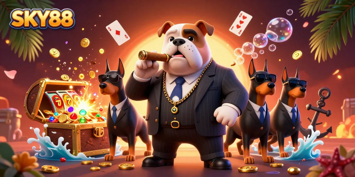 SKY88 casino scene showcasing a mafia bulldog amidst slot reels, vibrant treasures, and lively game elements.