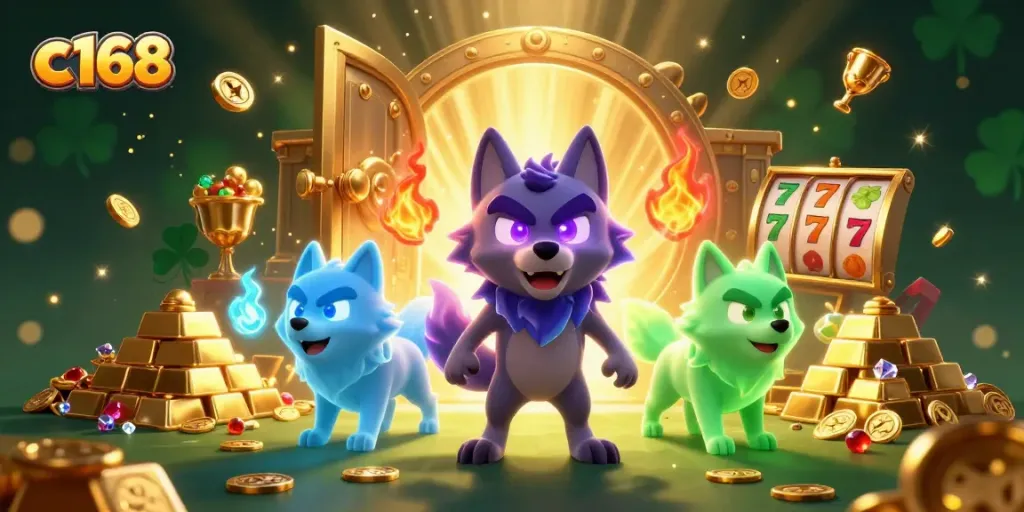 C168 features shadow wolf characters amidst riches, slot game elements, and dazzling gems in a thrilling casino scene.