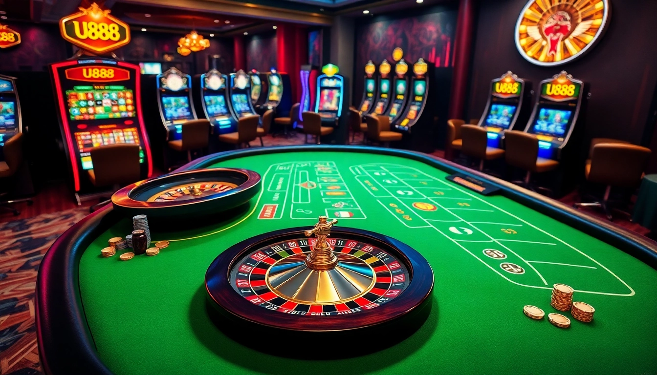 Experience the thrill of U888's sophisticated online casino with vibrant gaming tables and slots.