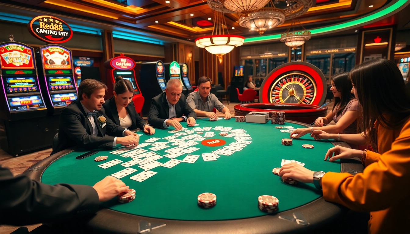 red88 players strategizing at a poker table in a luxurious casino scene.