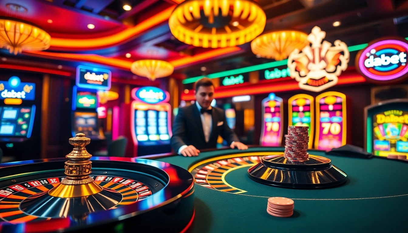 Experience thrilling gaming at Dabet's luxurious casino with poker chips and roulette.
