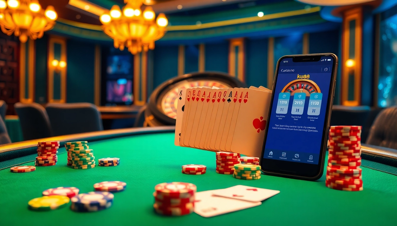 Experience the excitement of tải app ku88 while playing with stylish poker chips and a roulette wheel.
