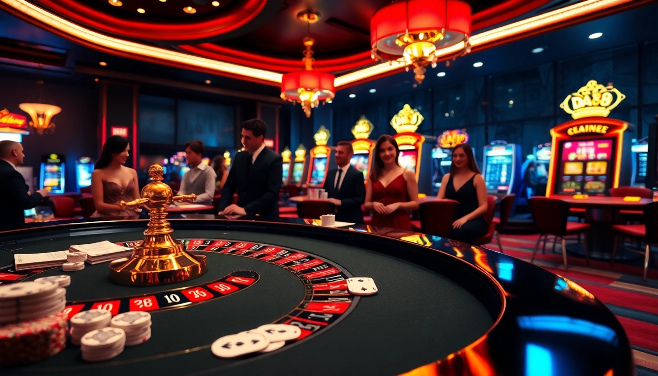 Experience excitement at DA88 with casino tables, chips, and players enjoying games.