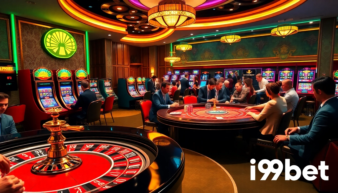 Exciting casino experience at i9bet with roulette, poker games, and vibrant slot machines.