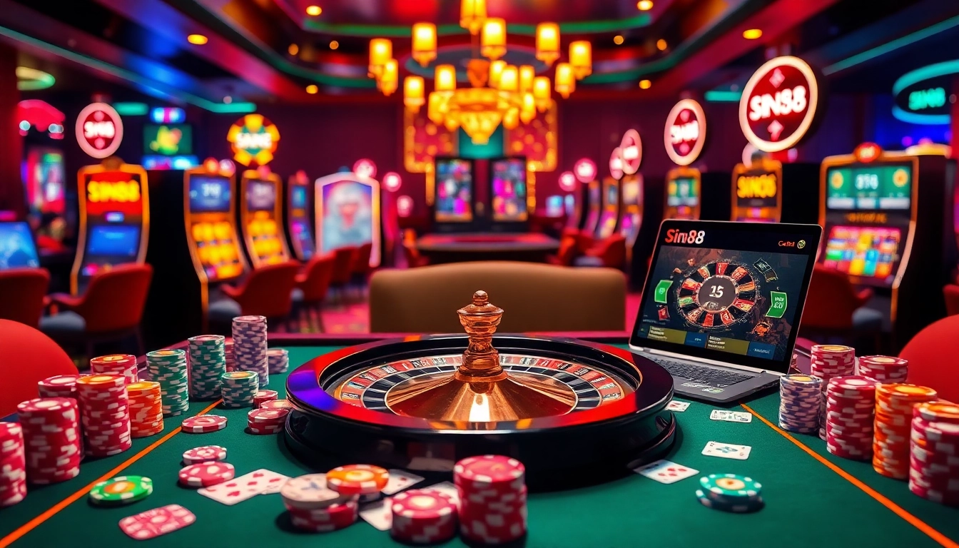 Experience the thrilling atmosphere at sin88 with an elegant casino setup featuring poker chips, cards, and slot machines.