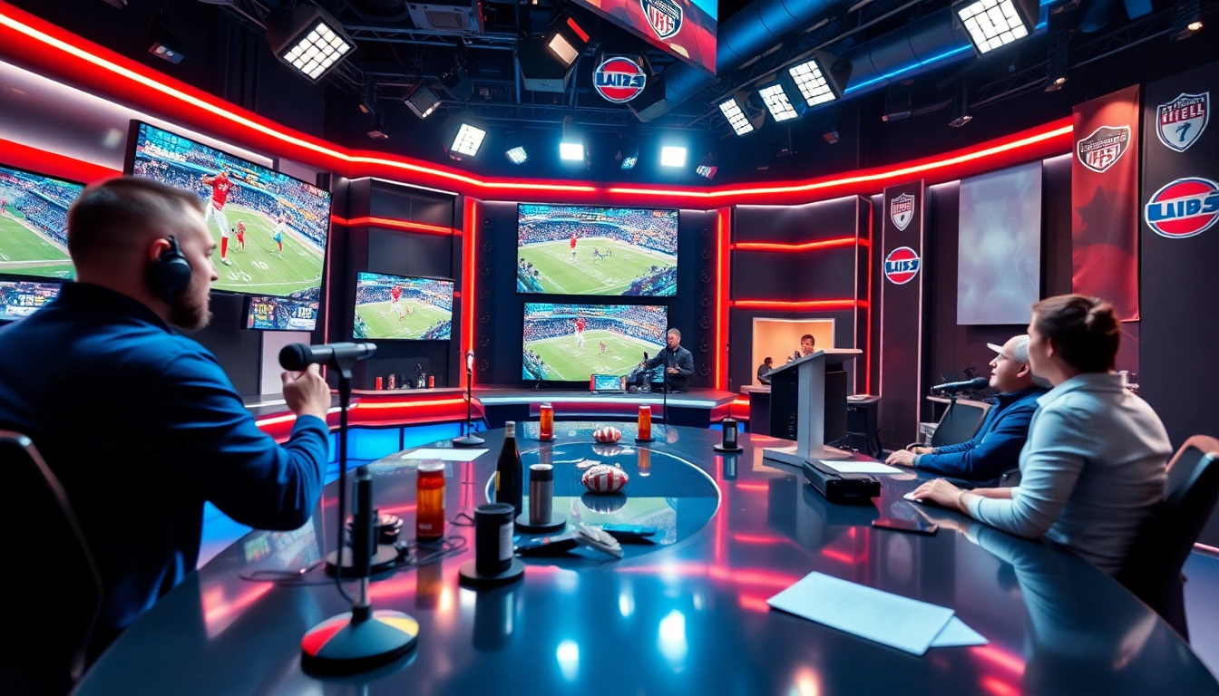 Engaging scene of sports broadcasting with vibrant studio lights and dynamic displays.