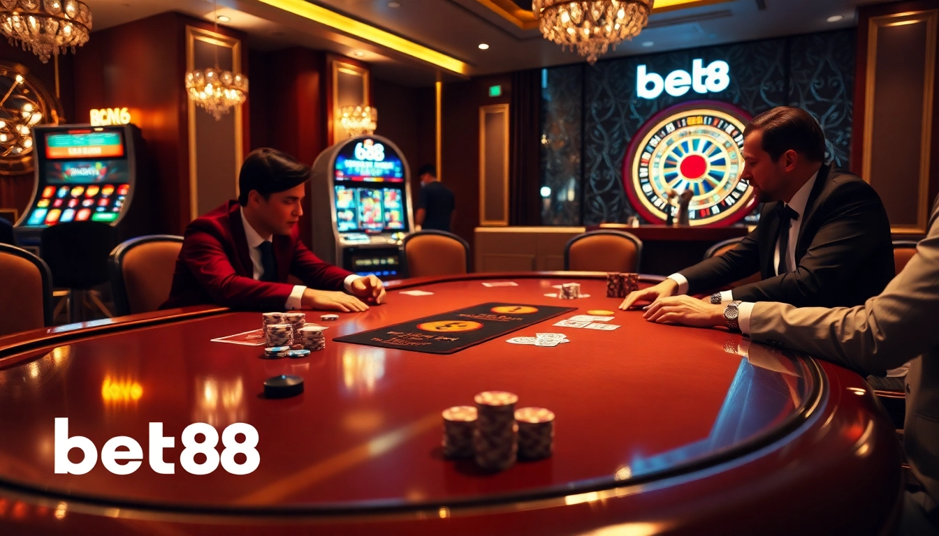 Players engaging in a high-stakes poker game at bet88 casino, surrounded by sparkling decor and vibrant slot machines.