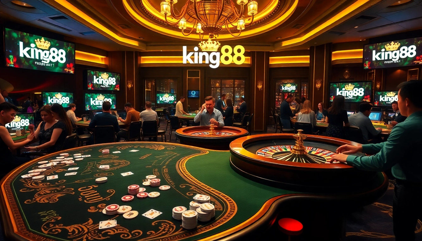 Experience the thrill of gambling at king88 with poker chips and a roulette wheel.