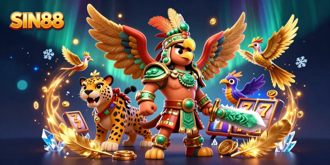 SIN88 slot gaming excitement illustrated with Aztec warriors and dynamic casino elements.
